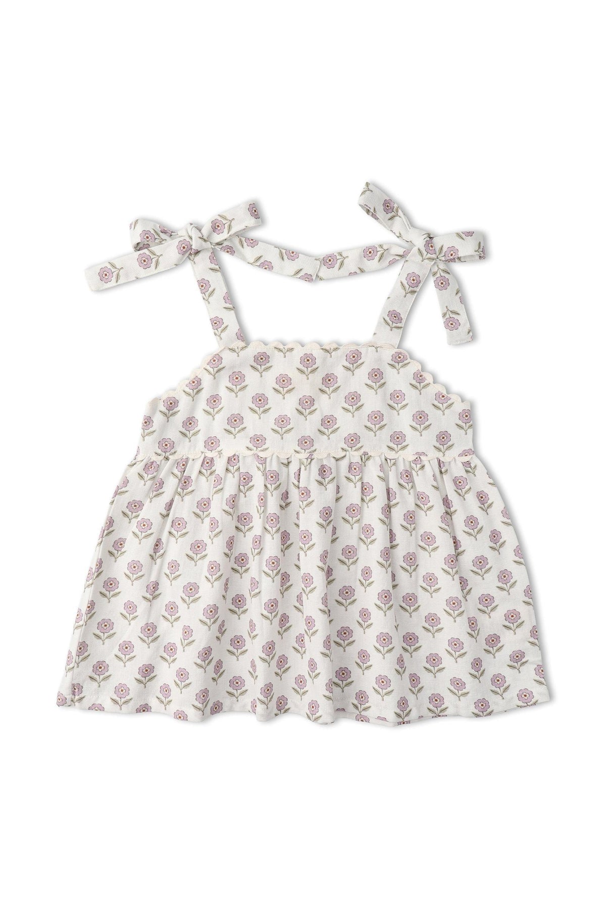 A lavender tie-up top featuring a floral pattern, made from soft, organic cotton. The top has adjustable straps for a comfortable fit, ideal for sunny adventures.