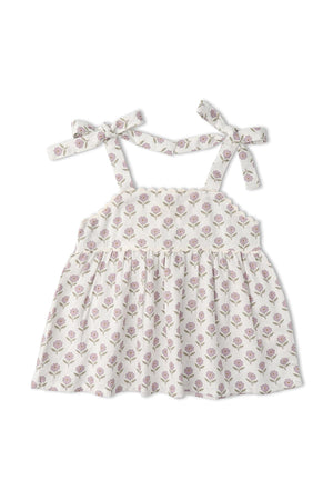 A lavender tie-up top featuring a floral pattern, made from soft, organic cotton. The top has adjustable straps for a comfortable fit, ideal for sunny adventures.