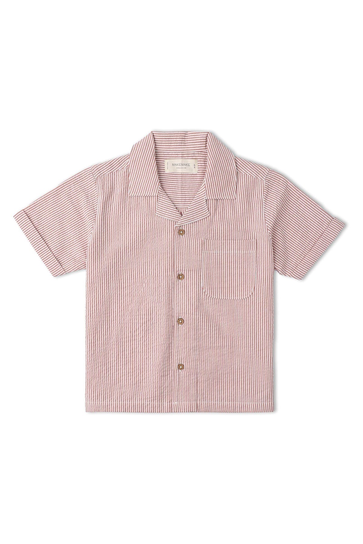 A coral striped short-sleeve shirt features a classic collar, a front pocket, and wooden buttons. Made from organic cotton, it offers a lightweight, comfortable fit for children.