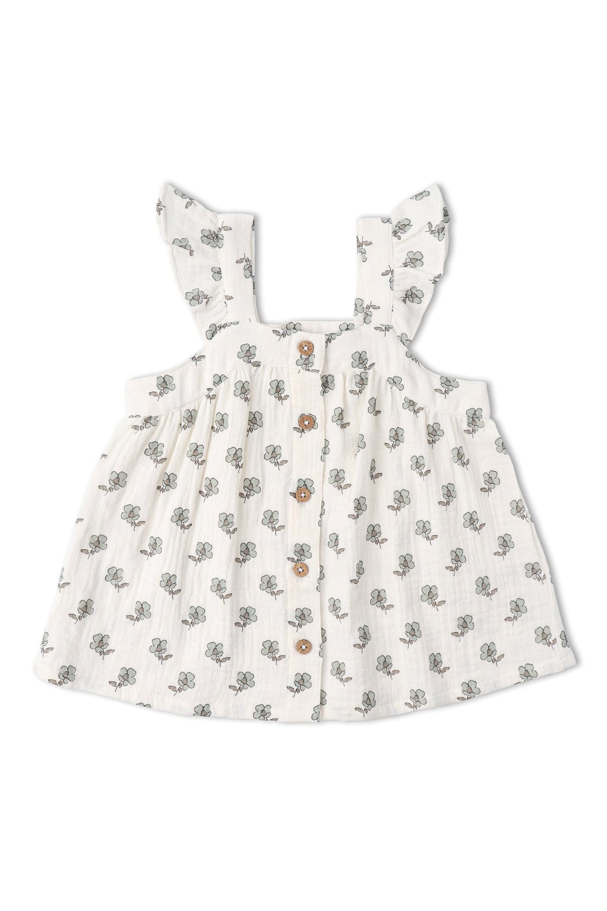 A lightweight, organic cotton flutter top features a delicate floral print and button front. Its airy design is perfect for warm weather, ideal for children’s summer outings and playdates.