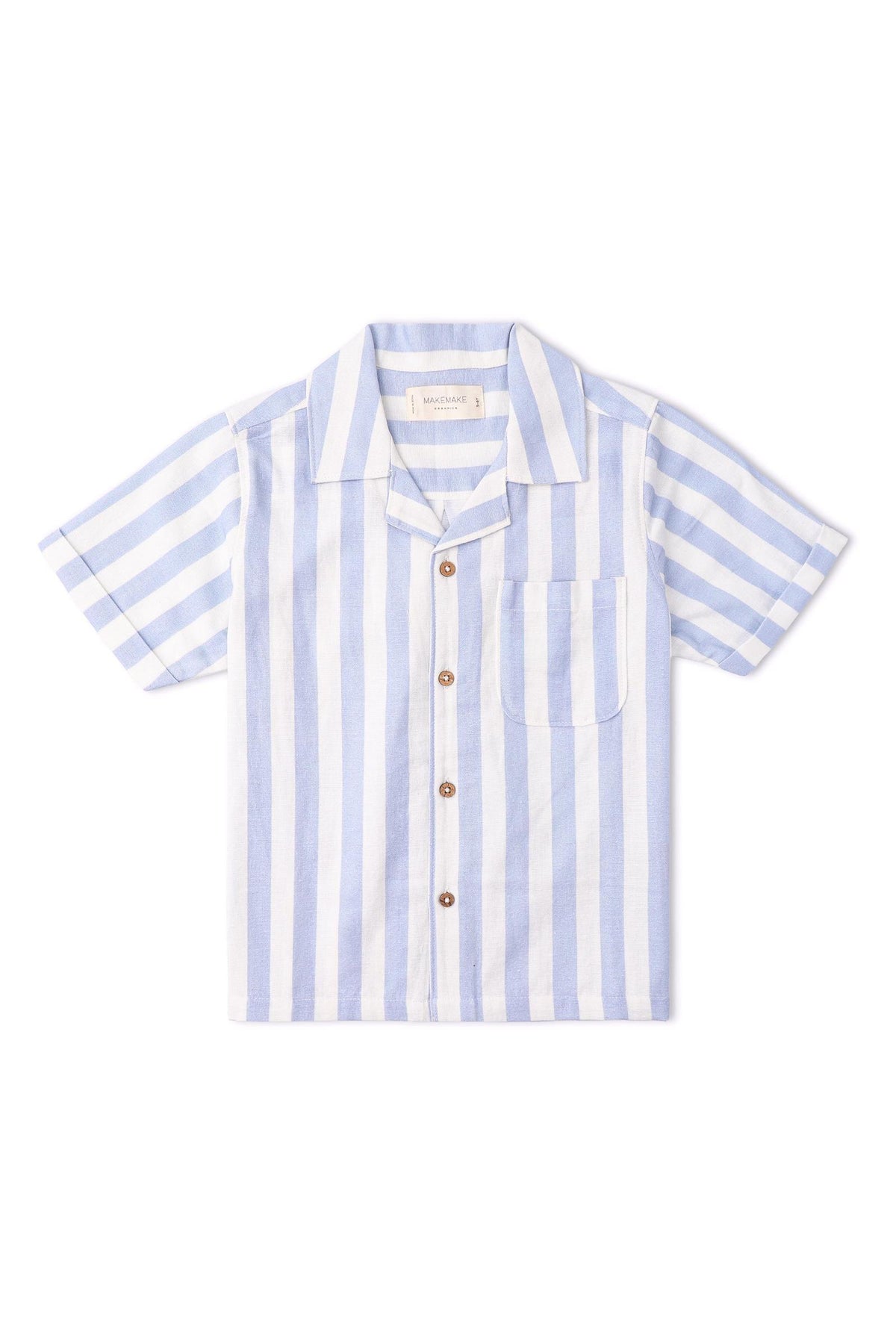 A blue and white striped short-sleeve shirt featuring a button-up front and a chest pocket. Made from lightweight organic cotton, this shirt is ideal for warm summer outings.