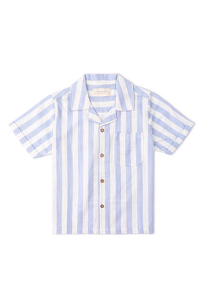 A blue and white striped short-sleeve shirt featuring a button-up front and a chest pocket. Made from lightweight organic cotton, this shirt is ideal for warm summer outings.
