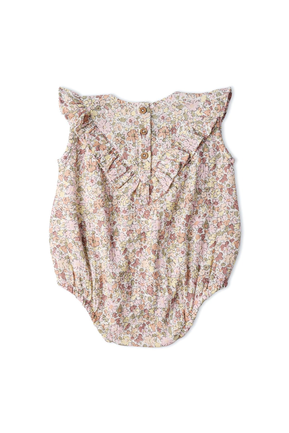 A pastel floral bubble romper featuring a sleeveless design and ruffled neckline. Made from soft, breathable organic cotton, this romper is perfect for keeping little ones comfortable during playtime.