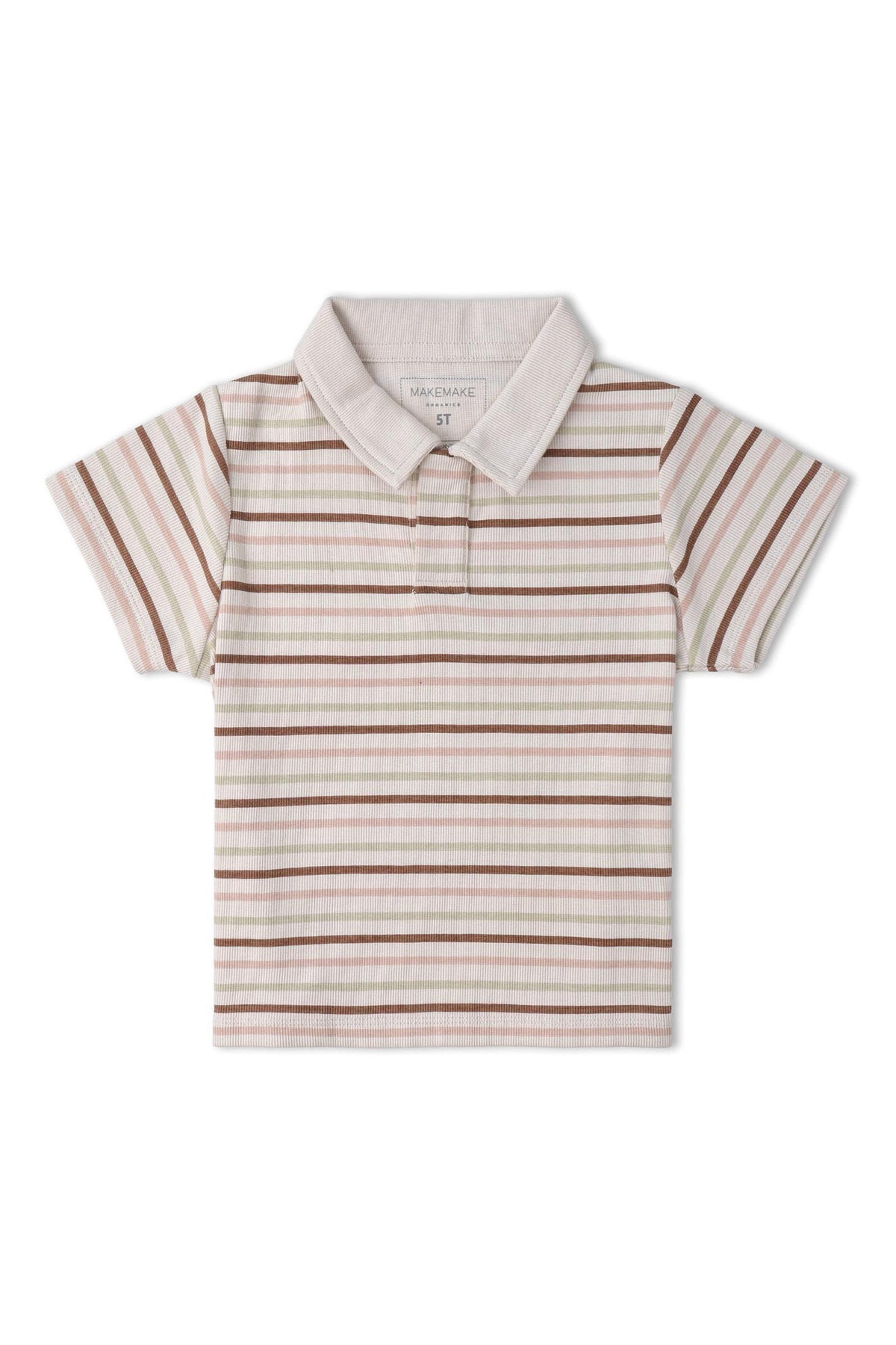 A short-sleeve collar tee featuring terra stripes in soft beige, blush, and rust colors. Made from organic cotton, this comfortable shirt is ideal for sunny day adventures.