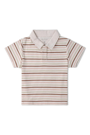 A short-sleeve collar tee featuring terra stripes in soft beige, blush, and rust colors. Made from organic cotton, this comfortable shirt is ideal for sunny day adventures.