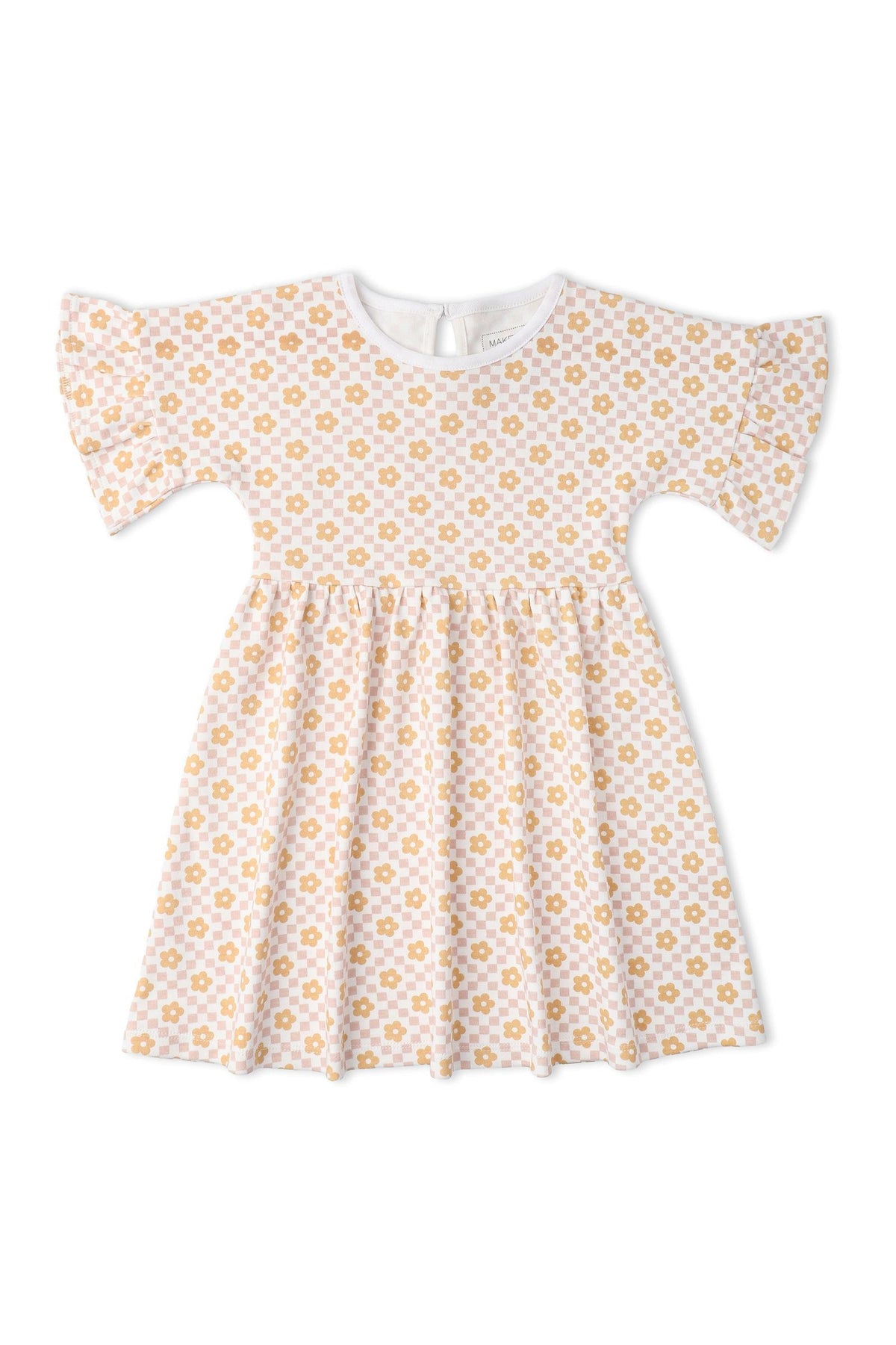 A soft, organic cotton dress featuring a white background with a playful yellow floral print. The dress has dolman sleeves and a relaxed fit, perfect for everyday wear.