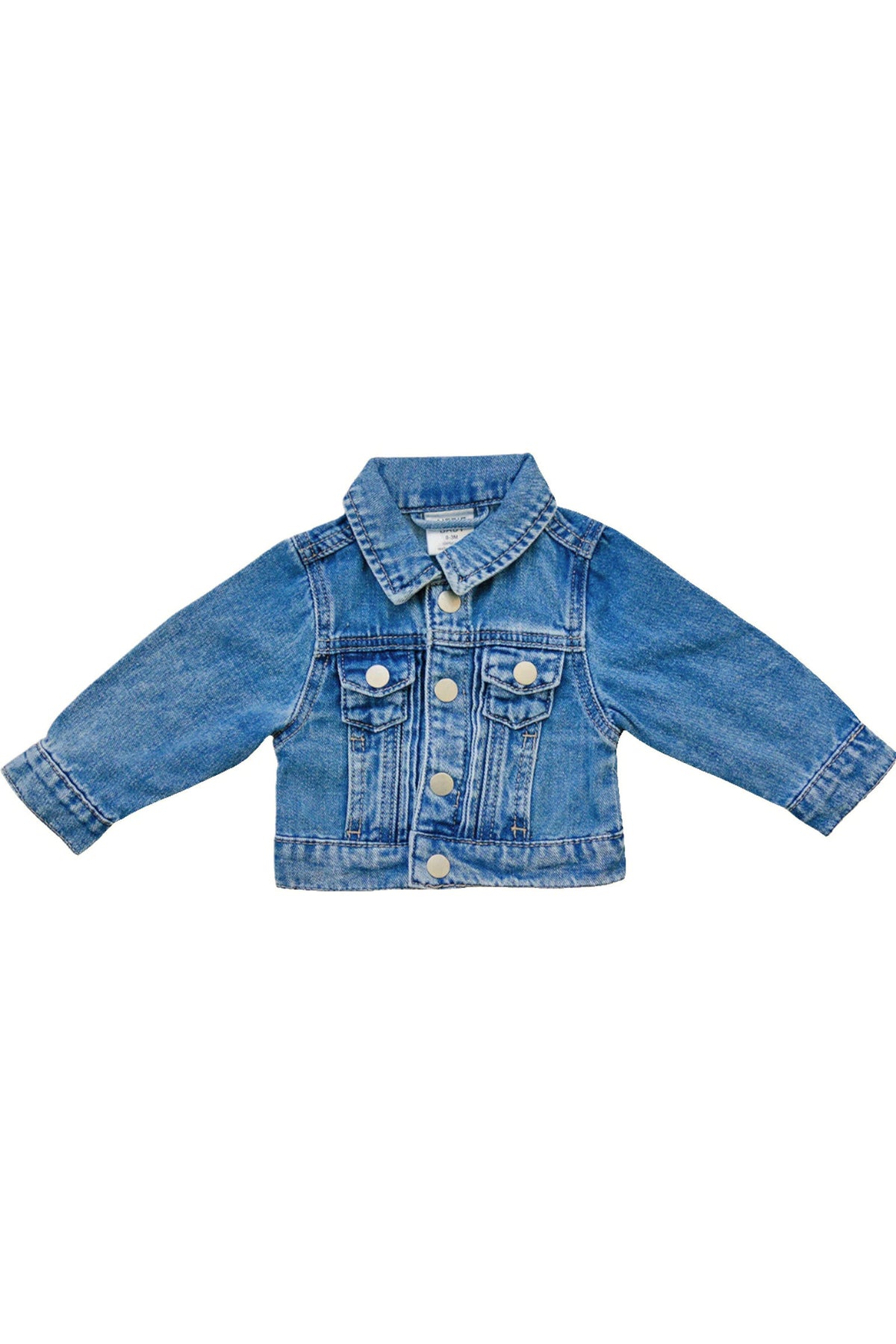 Blue denim baby jacket with snap buttons and two chest pockets, featuring long sleeves and a classic collar.