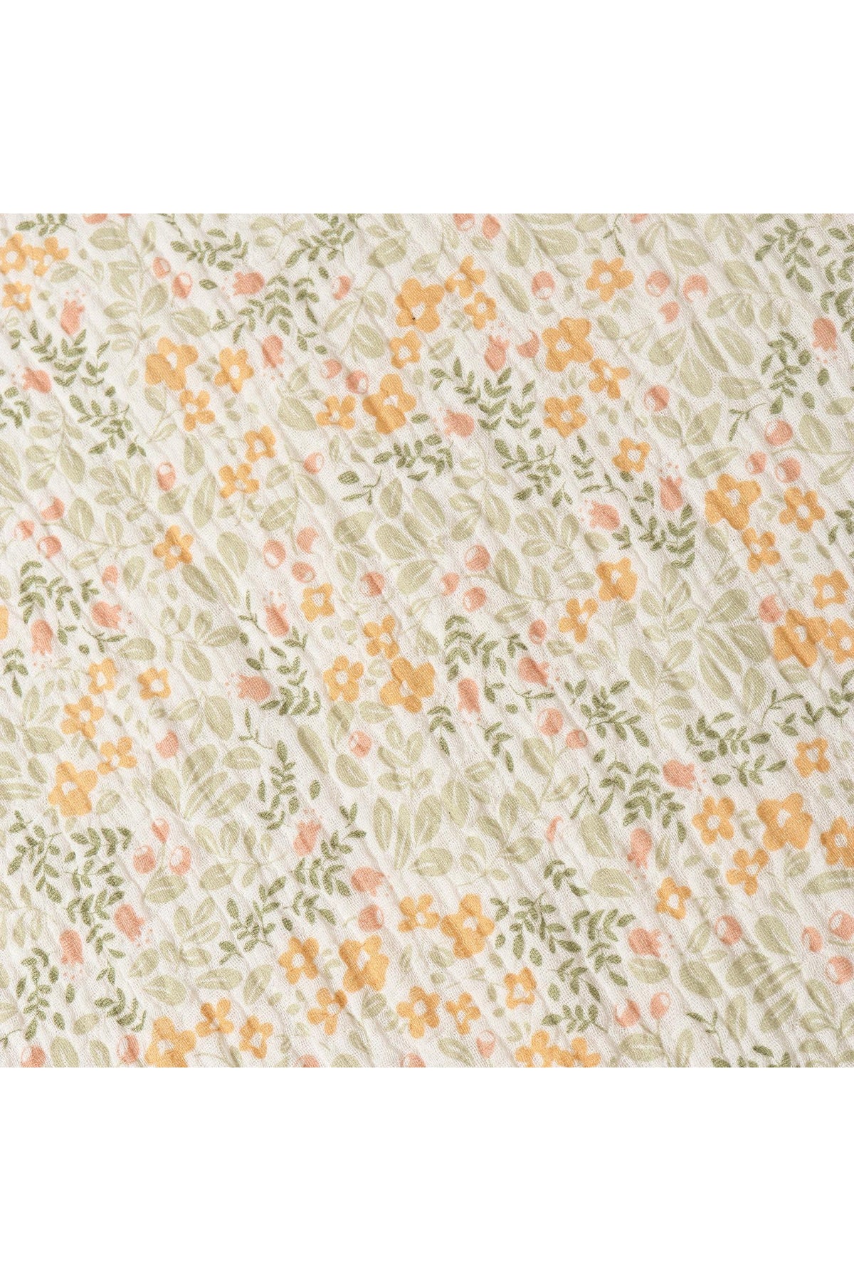 A close-up of a floral fabric featuring a light cream background adorned with delicate orange, pink, and green flowers. The soft, organic cotton material showcases a charming, nature-inspired pattern.