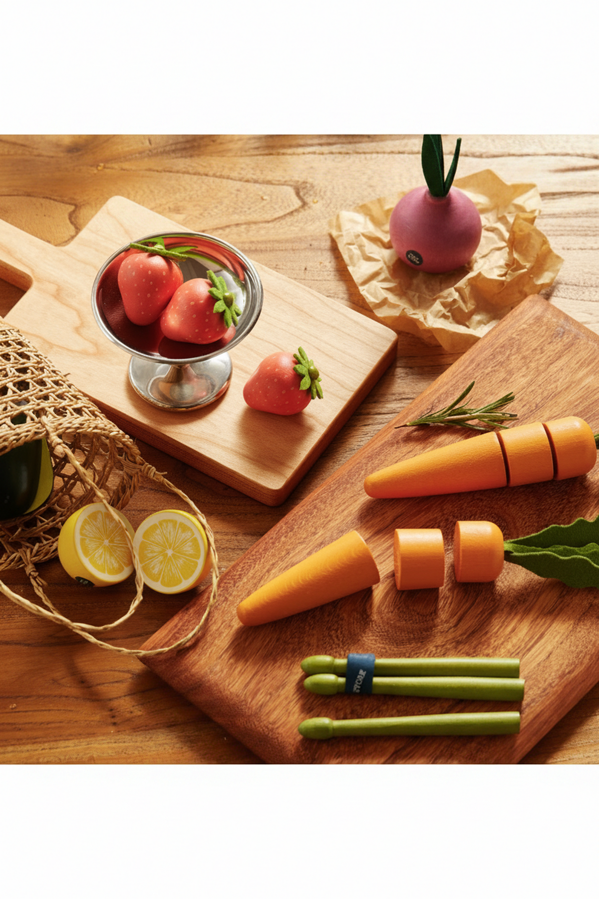 A wooden cutting board displays vibrant wooden strawberries, a playful carrot set, and a bowl with colorful produce. The eco-friendly play food encourages imaginative kitchen adventures for children.