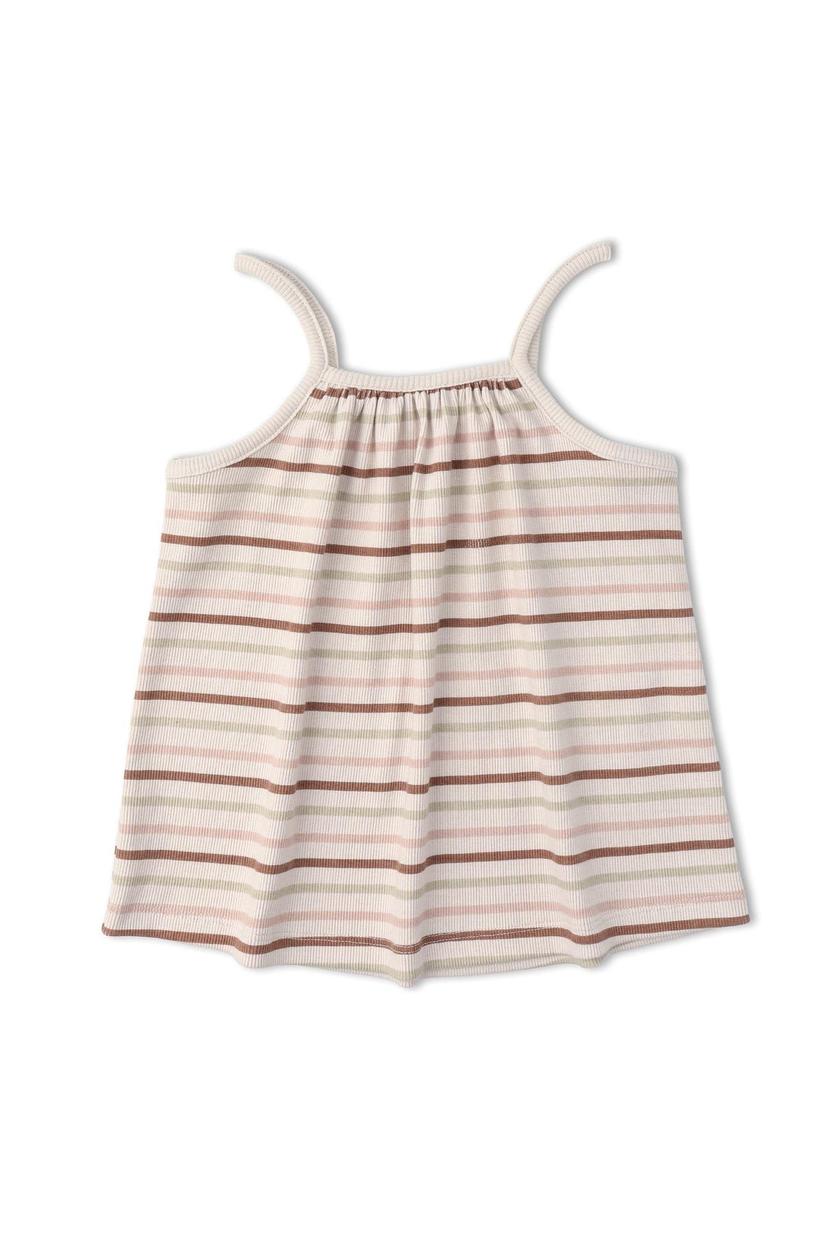 Lightly ribbed, organic cotton tank top featuring soft stripes in beige and rust colors. This breezy design is perfect for warm weather and ideal for playful, sustainable fashion.