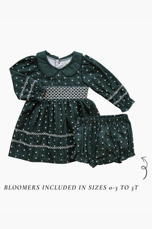 Mebie Baby  Dark Green Tulip Smocked Peter Pan Collar Dress | Cotton