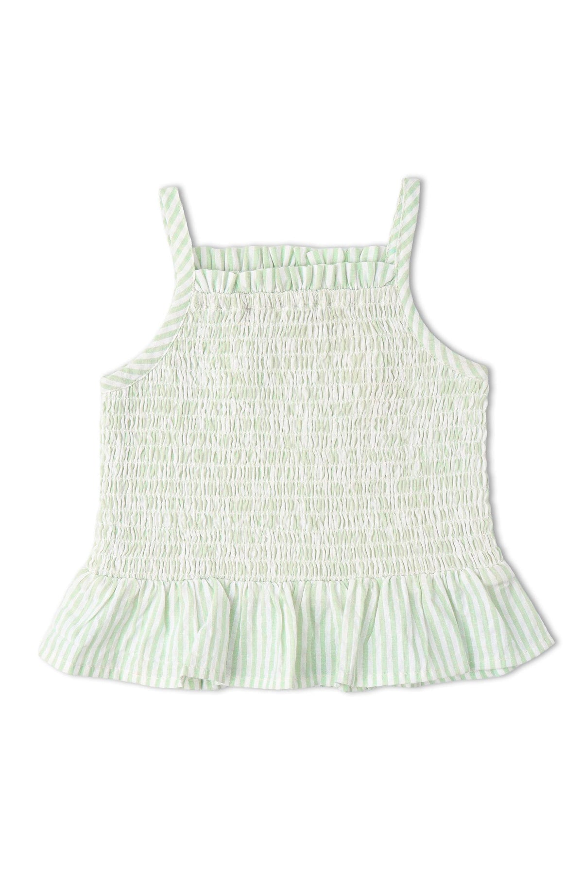 Organic cotton smocked top in light green and white stripes, featuring a ruffled hem and thin straps. Ideal for warm weather, this charming piece is perfect for little ones.