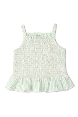Organic cotton smocked top in light green and white stripes, featuring a ruffled hem and thin straps. Ideal for warm weather, this charming piece is perfect for little ones.