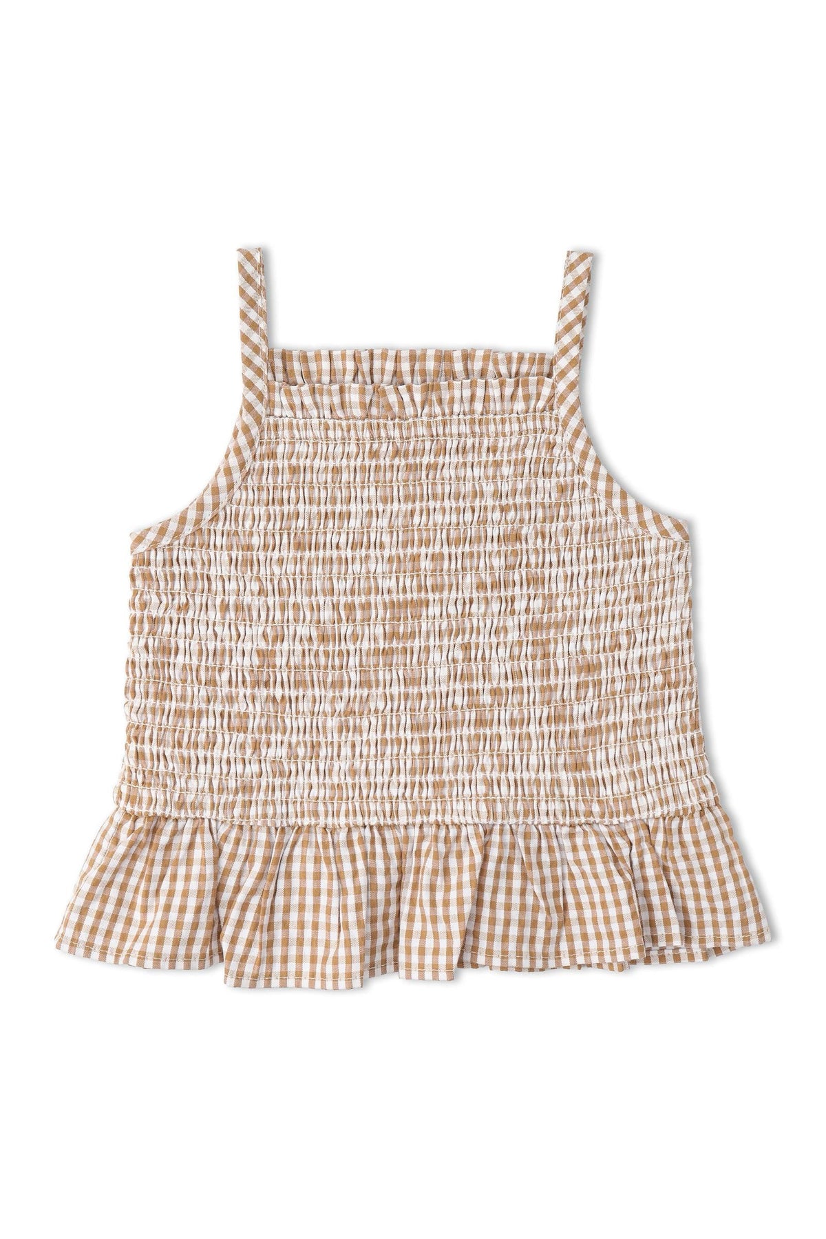 Light caramel check smocked top featuring delicate smocking and a flared hem. Made from organic cotton, this airy piece is perfect for warm weather outings and comfortable wear.