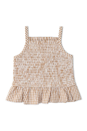 Light caramel check smocked top featuring delicate smocking and a flared hem. Made from organic cotton, this airy piece is perfect for warm weather outings and comfortable wear.