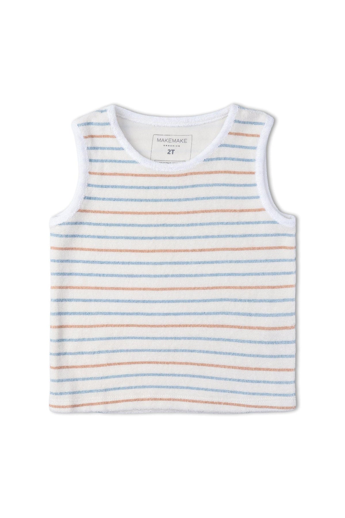 Organic sleeveless tee from Makemake Organics featuring soft terry fabric with pastel stripes. Ideal for children, this cozy top offers a relaxed fit for comfort during playtime or lounging.
