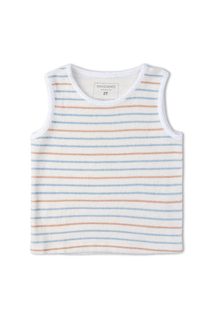 Organic sleeveless tee from Makemake Organics featuring soft terry fabric with pastel stripes. Ideal for children, this cozy top offers a relaxed fit for comfort during playtime or lounging.