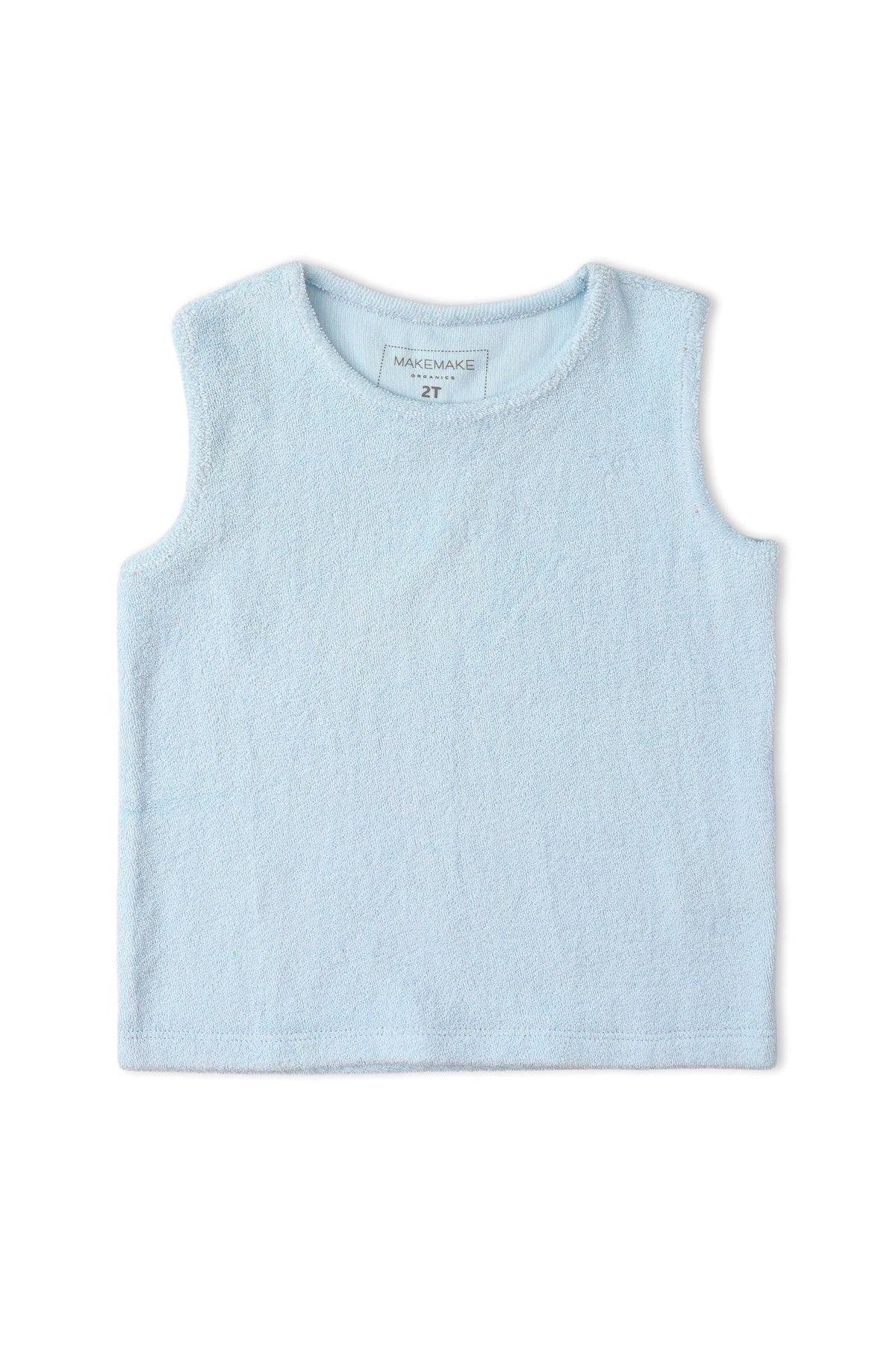 Light blue organic sleeveless tee made from soft terry fabric. This cozy top by Makemake Organics is perfect for relaxed, sunny days and offers a comfortable fit for children.