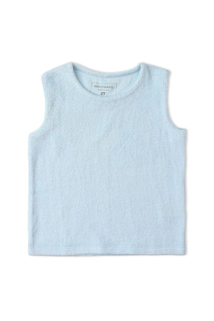 Light blue organic sleeveless tee made from soft terry fabric. This cozy top by Makemake Organics is perfect for relaxed, sunny days and offers a comfortable fit for children.