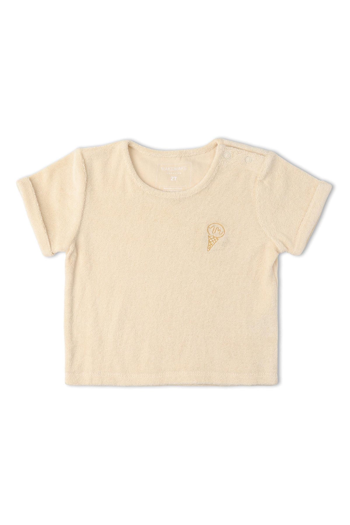 Cream-colored organic cotton terry tee featuring a small ice cream cone embroidery on the chest. The soft, breathable fabric ensures comfort for everyday wear.