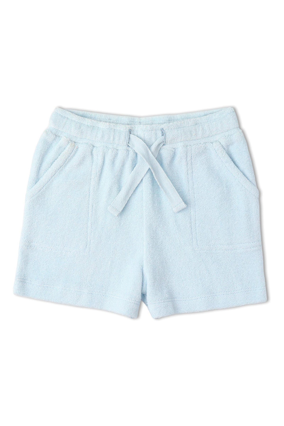Light blue terry shorts featuring a soft, towel-like texture, an elastic waistband with a drawstring, and two front pockets. Ideal for casual summer wear and comfortable lounging.