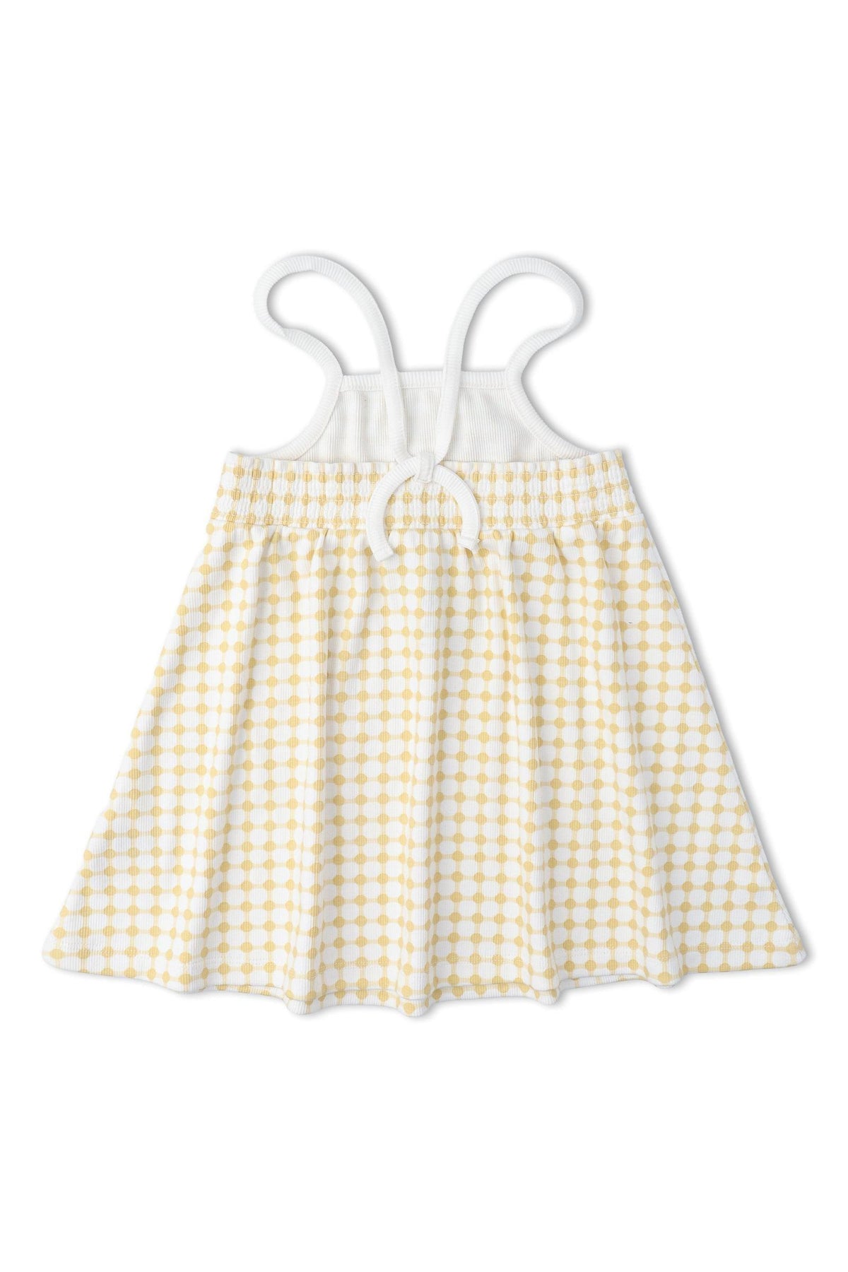 A yellow and white dotty gingham dress with adjustable tie-back straps and a gathered waist. This soft, breathable garment is perfect for young children.