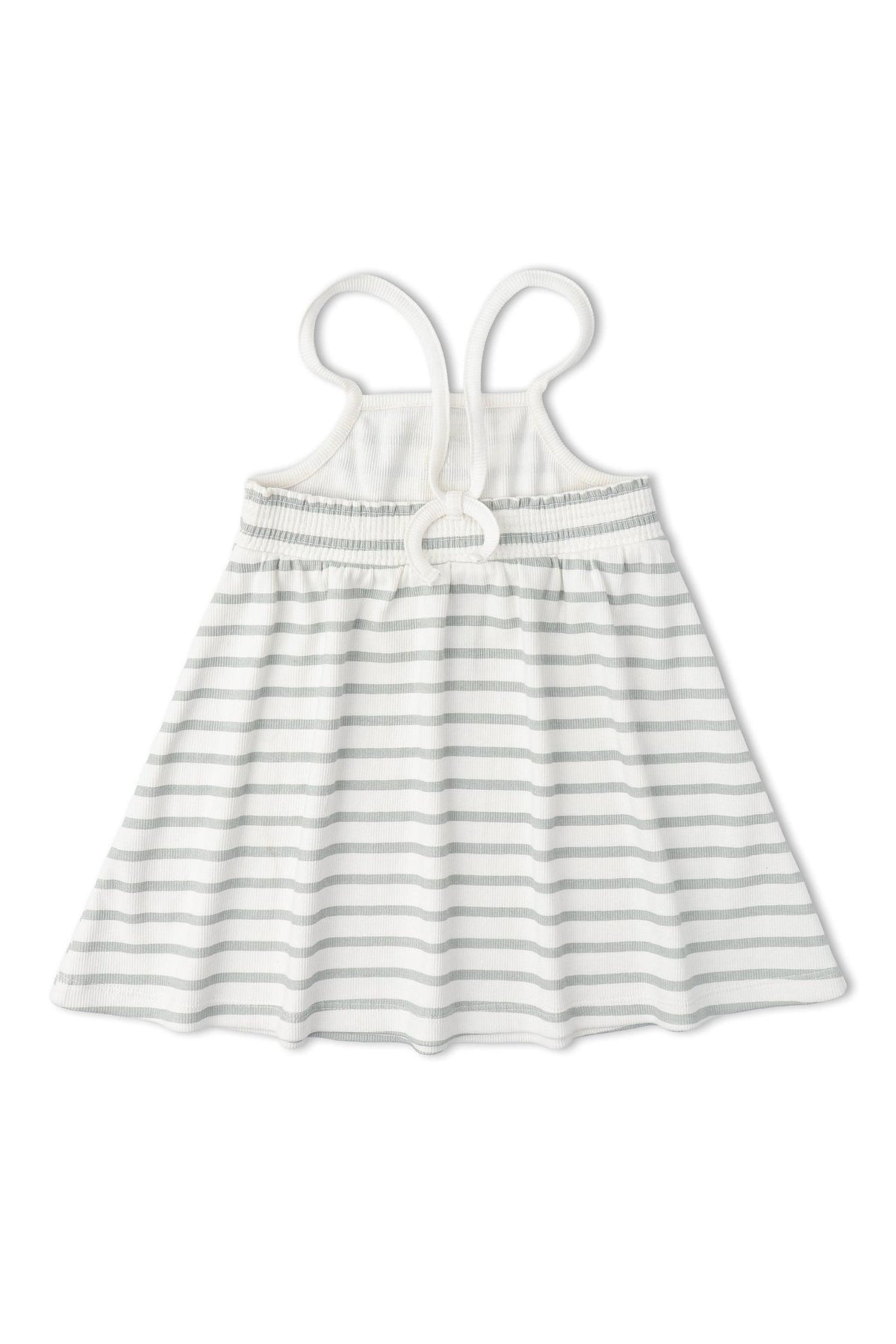 A light gray and white striped dress featuring adjustable tie-back straps and a breathable fabric. This organic cotton dress is designed for comfort and style for young girls.