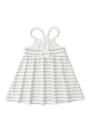 A light gray and white striped dress featuring adjustable tie-back straps and a breathable fabric. This organic cotton dress is designed for comfort and style for young girls.
