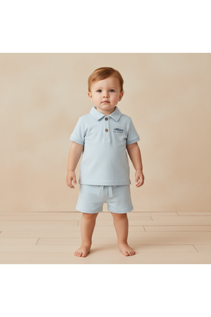 A toddler stands on a light wooden floor, wearing a light blue organic cotton polo shirt and matching shorts.