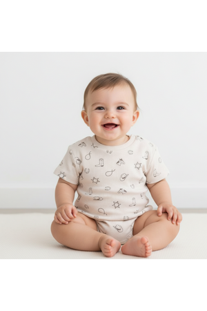 A smiling baby sits on a soft, light-colored surface, wearing a beige organic cotton short sleeve romper featuring playful black illustrations. The romper is designed for comfort and exploration.