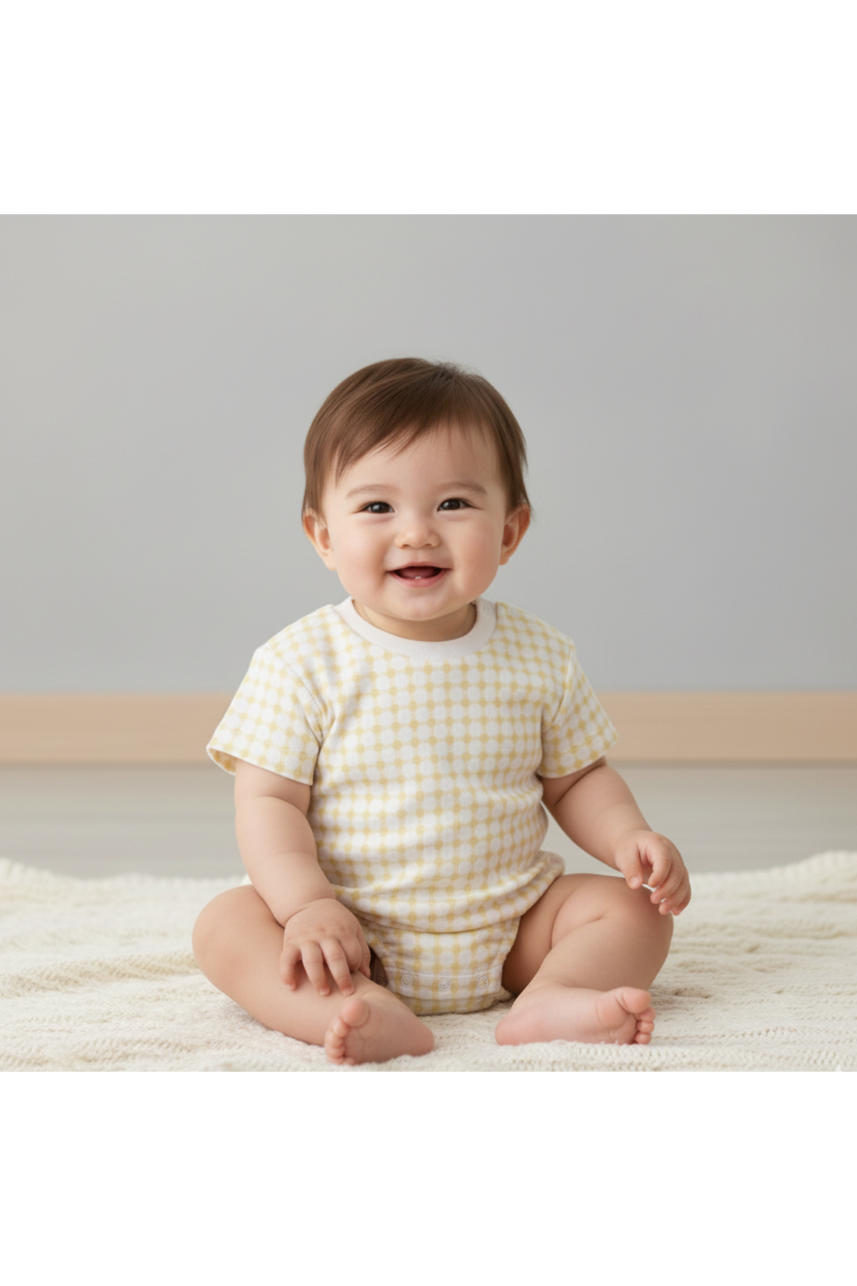 A smiling baby sits on a soft, textured surface, wearing a short sleeve yellow dotty gingham bubble romper.