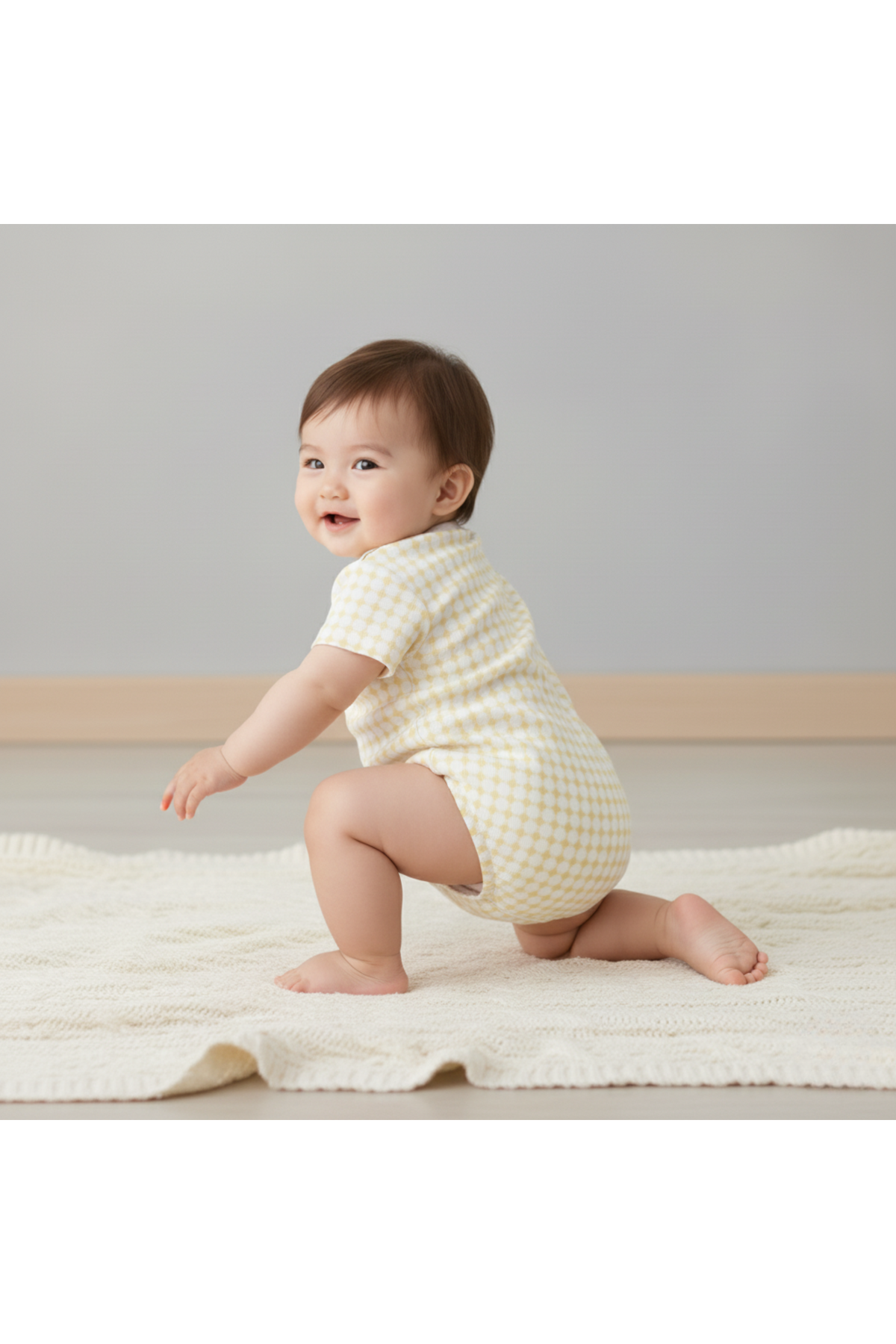 A baby crawls on a soft, textured rug, wearing a short sleeve bubble romper in a cheerful yellow dotty gingham print. The romper is made from soft, breathable organic fabric.
