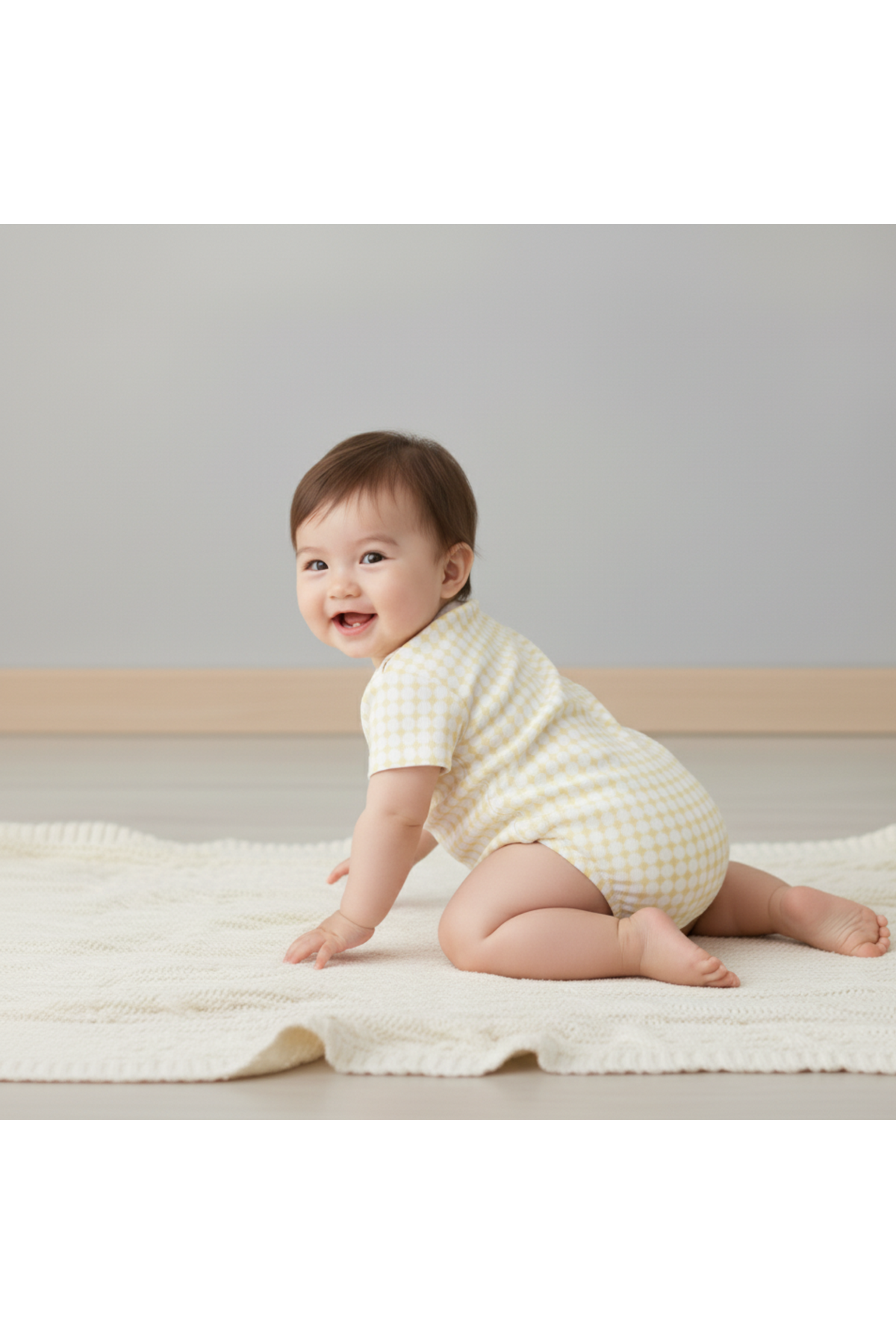 A happy baby crawls on a soft, textured blanket, wearing a yellow dotty gingham bubble romper. The outfit is made from organic cotton, ensuring comfort and breathability for delicate skin.