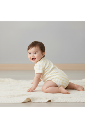 A happy baby crawls on a soft, textured blanket, wearing a yellow dotty gingham bubble romper. The outfit is made from organic cotton, ensuring comfort and breathability for delicate skin.