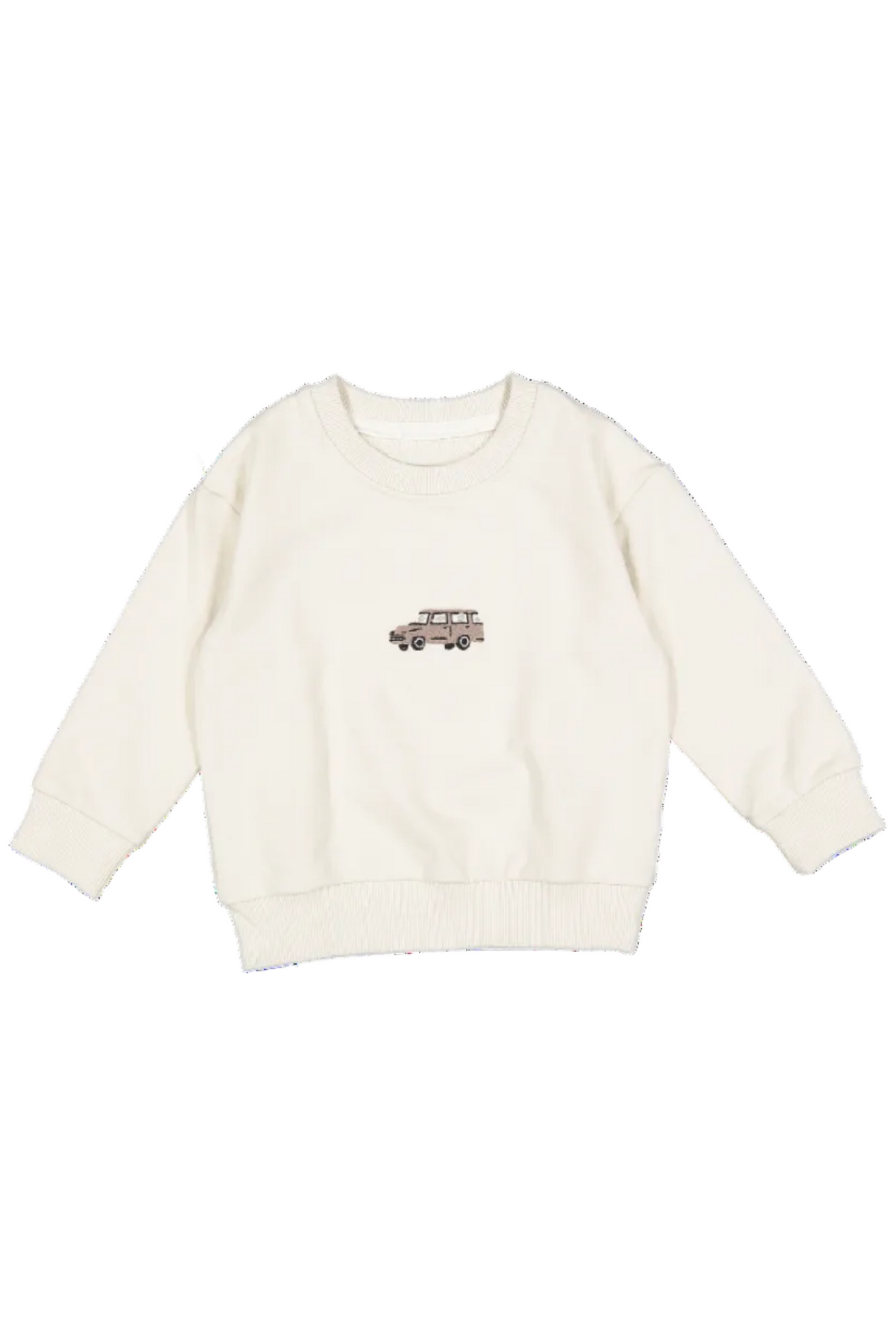 Cream-colored cotton sweatshirt featuring a vintage car embroidered on the front. Ideal for toddlers, this cozy garment is perfect for outdoor adventures or lounging at home.
