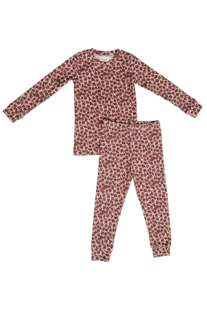 A two-piece Antique Floral Cotton Set features a long-sleeve top and matching bottoms in a red floral pattern.