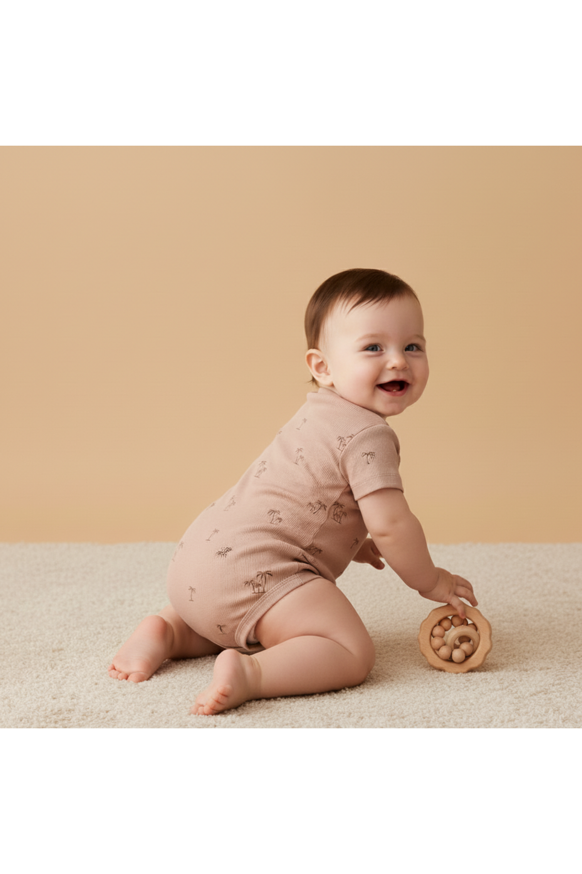 A smiling baby sits on a soft, light-colored rug, wearing a short-sleeve, organic cotton romper in a muted beige hue, featuring a subtle palm print.