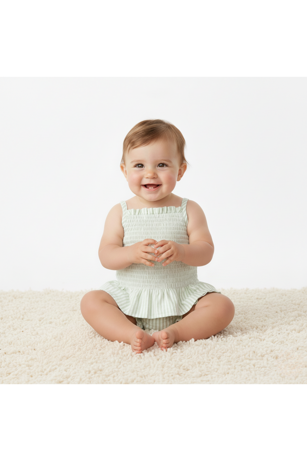 A smiling baby sits on a soft, cream-colored rug, wearing a light green, organic cotton smocked top with a flared hem. The outfit is perfect for warm, sunny days.