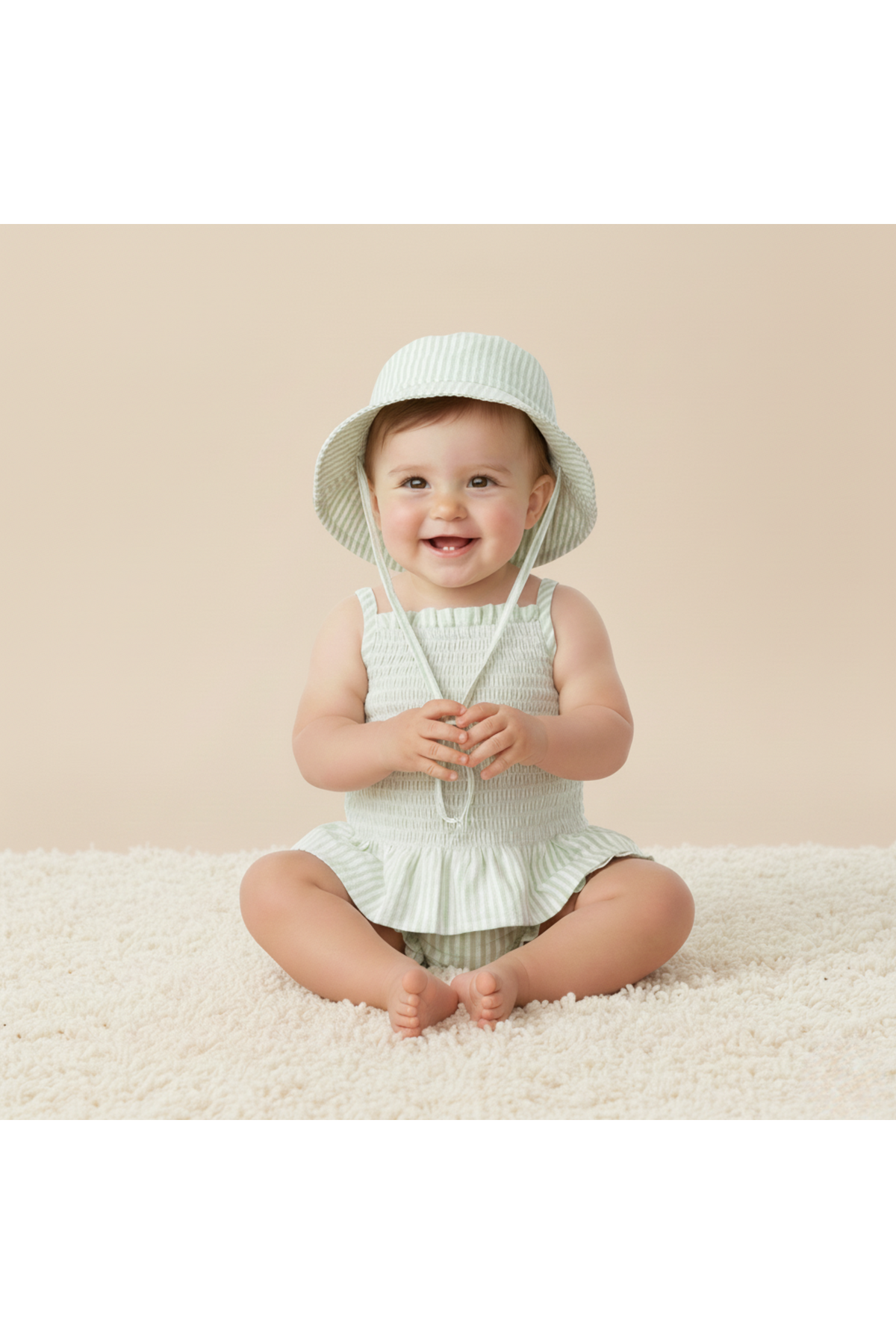 A smiling baby sits on a soft, textured surface, wearing a light green striped sun hat and matching outfit. The setting features a neutral beige background, highlighting the playful attire.