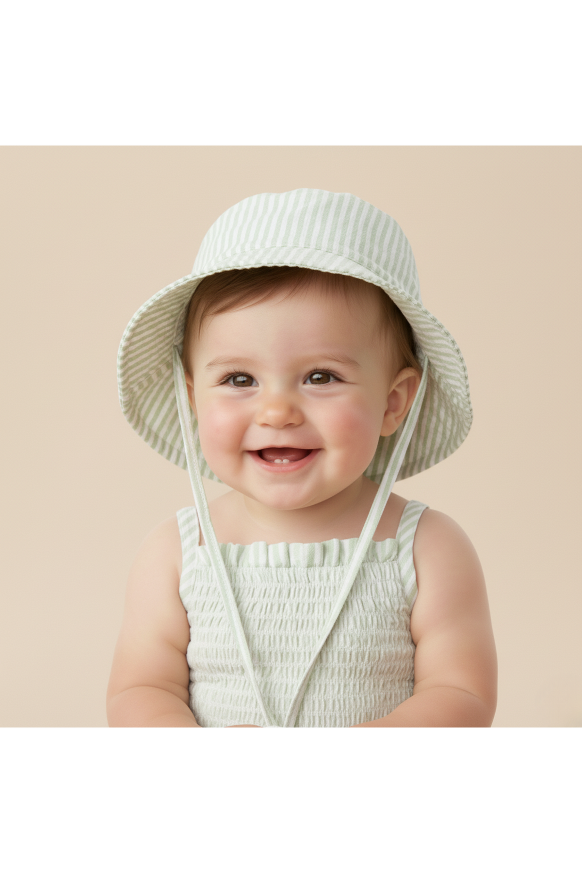 A smiling baby wears a light green and white striped organic cotton bucket sun hat, featuring a wide brim and adjustable straps, perfect for sun protection during outdoor activities.