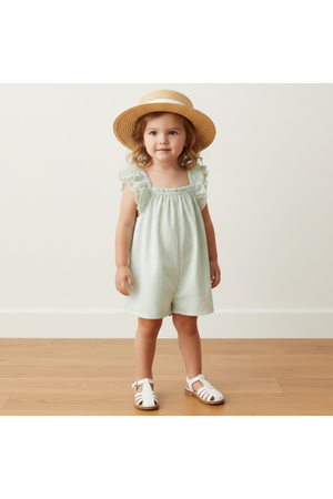 A young child stands in a light green, organic cotton jumpsuit with ruffled sleeves, paired with a straw hat and white sandals, against a neutral background.