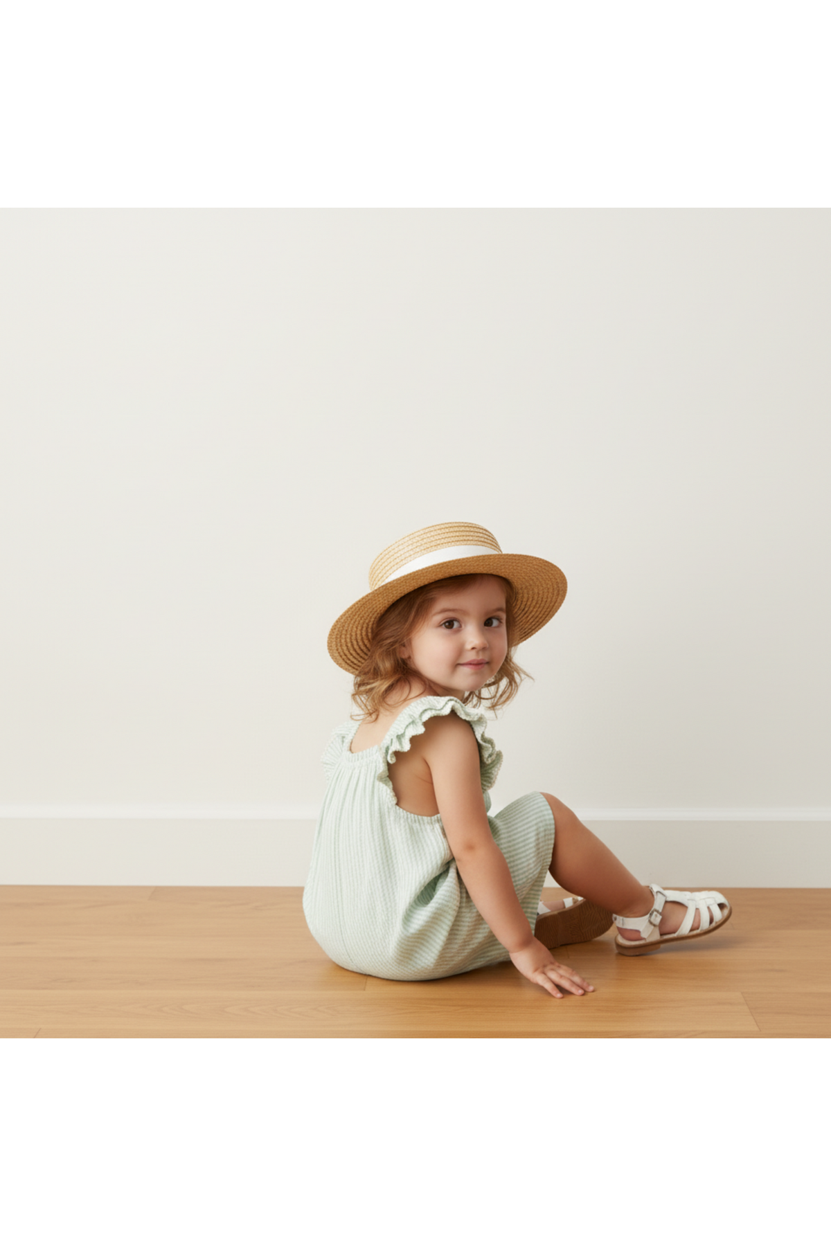 A young child sits on a wooden floor, wearing an organic basil-striped jumpsuit with ruffled sleeves and a straw hat. The outfit exudes a playful and stylish vibe.