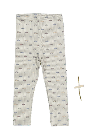 Cream-colored leggings feature a playful vintage car print, made from 95% cotton and 5% spandex for comfort. Ideal for toddlers and kids, these leggings combine style with everyday wearability.