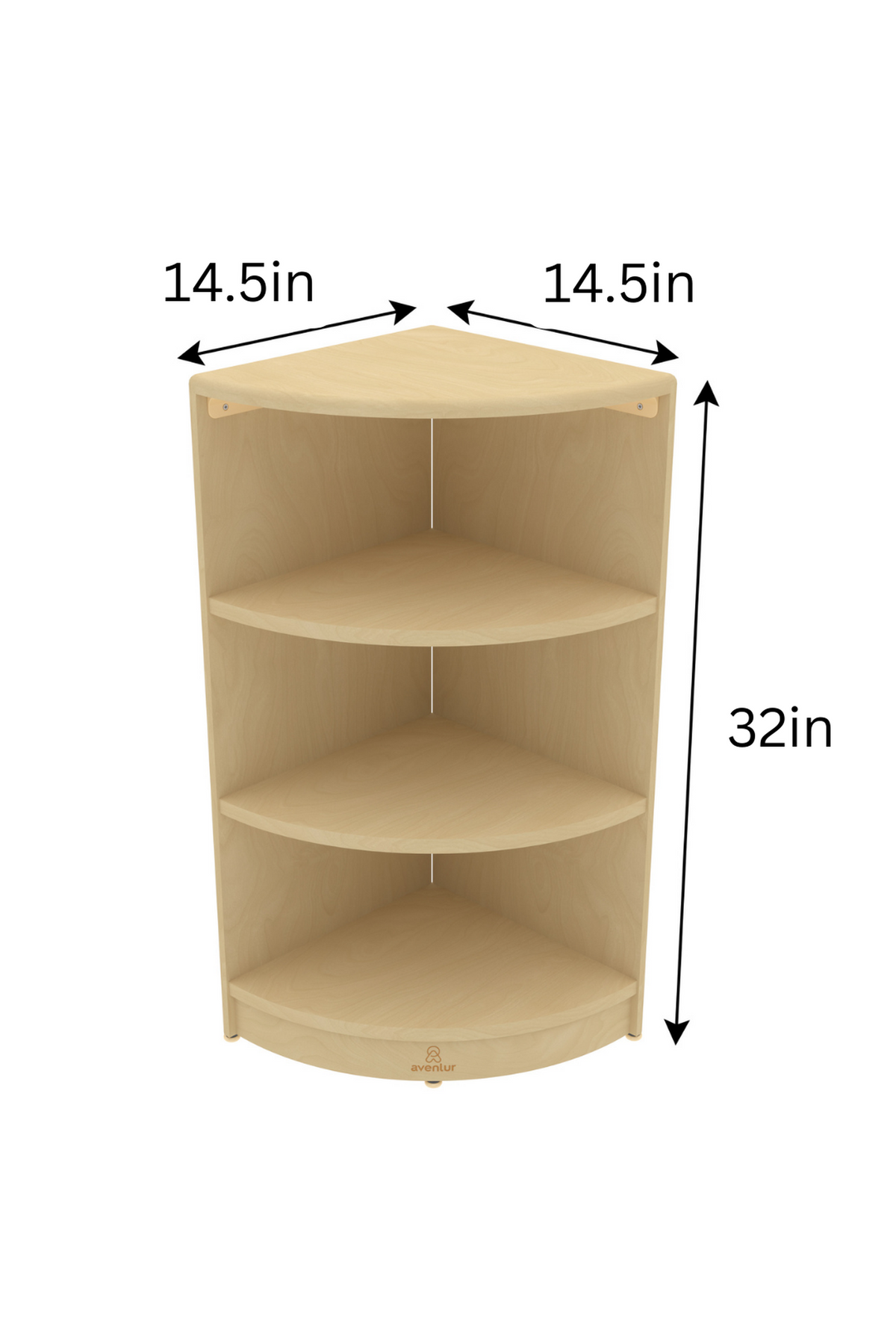 A light wood, corner bookshelf with four spacious shelves, measuring 32 inches tall. Designed for childrens accessibility, it promotes organization and independent learning in any room setting.