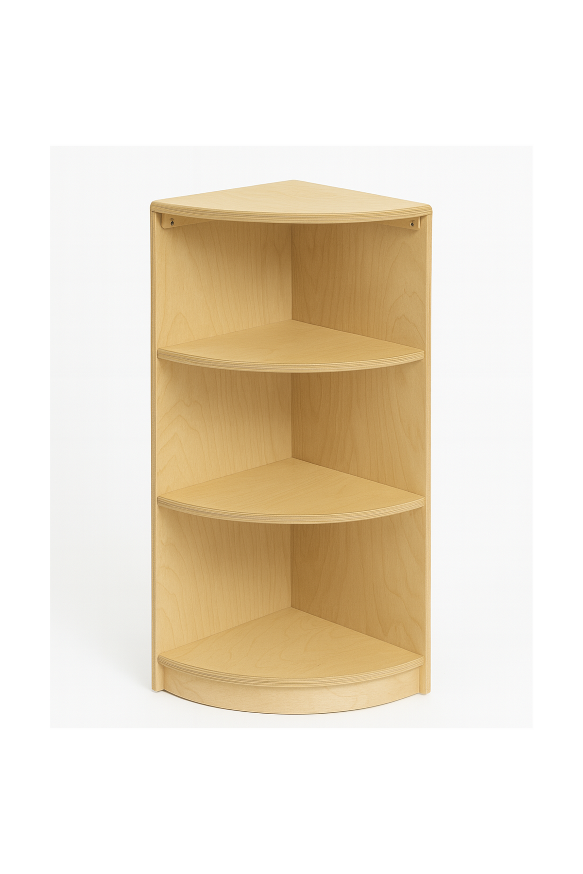 Light wooden Montessori corner bookshelf featuring three spacious shelves. Its compact design maximizes corner space, promoting independent organization for children’s books and learning materials.