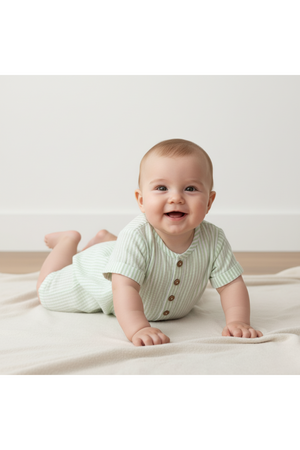 A smiling baby crawls on a soft, light-colored blanket, wearing a short-sleeve, organic cotton romper with green stripes and wooden buttons, designed for comfort and playful movement.