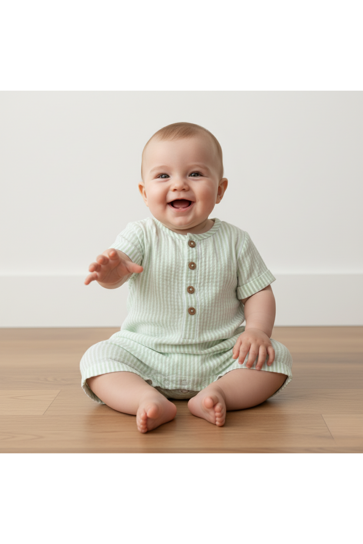 A joyful baby sits on a wooden floor, wearing a light green organic cotton bubble romper with subtle stripes and button details.