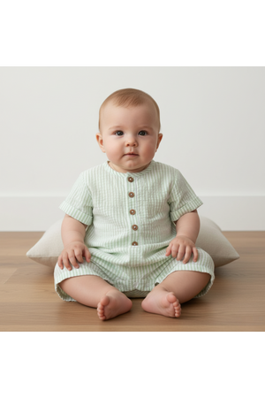 A baby sits on a light-colored cushion, wearing a soft, organic cotton short bubble romper in light green with white stripes and wooden buttons. The setting is minimalistic.