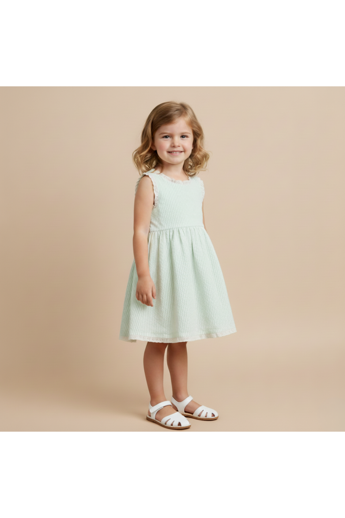 A young girl smiles while wearing a light green, seersucker dress with a gathered skirt. The dress features criss-cross straps, perfect for warm-weather outings.