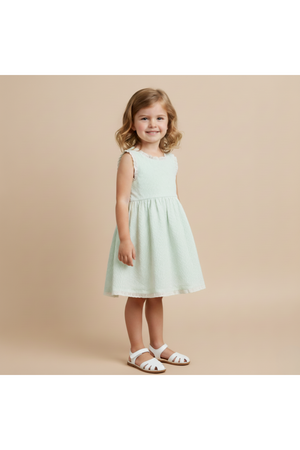 A young girl smiles while wearing a light green, seersucker dress with a gathered skirt. The dress features criss-cross straps, perfect for warm-weather outings.